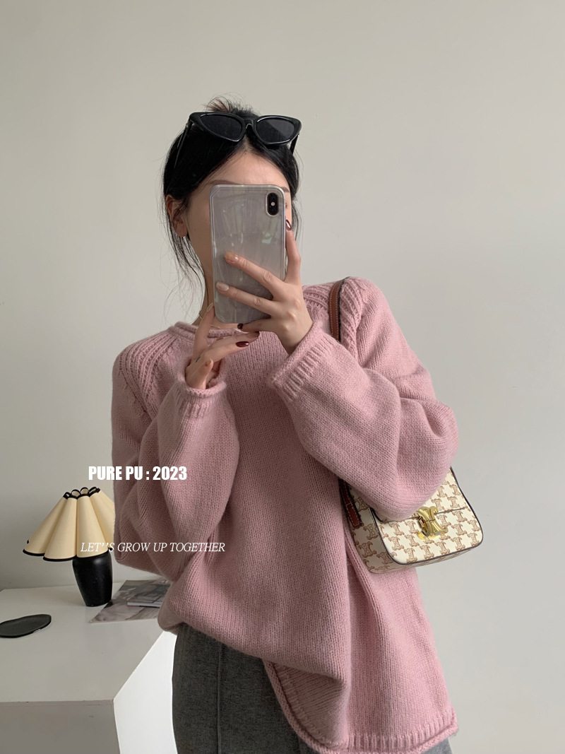 Korean-style puffed solid color pullover sweater for women, gentle and loose knitted top, versatile, laid-back style, fashionable and soft sweater pic 8