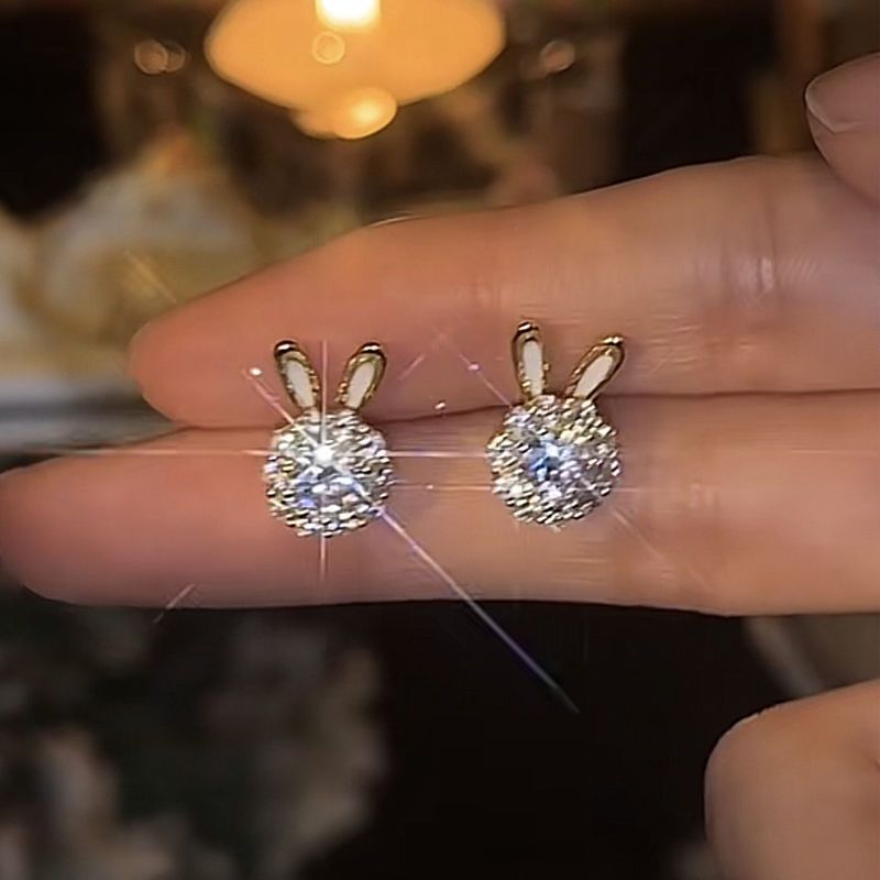 可旋转金色满钻兔子耳钉耳环女生肖兔可爱小动物网红百搭耳饰批发详情4