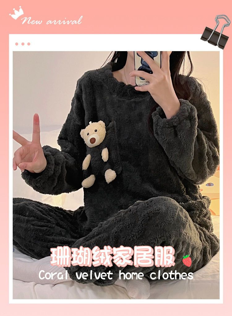 秋冬季女士法兰绒睡衣女冬款长袖加厚加绒可爱女生家居服套装详情24