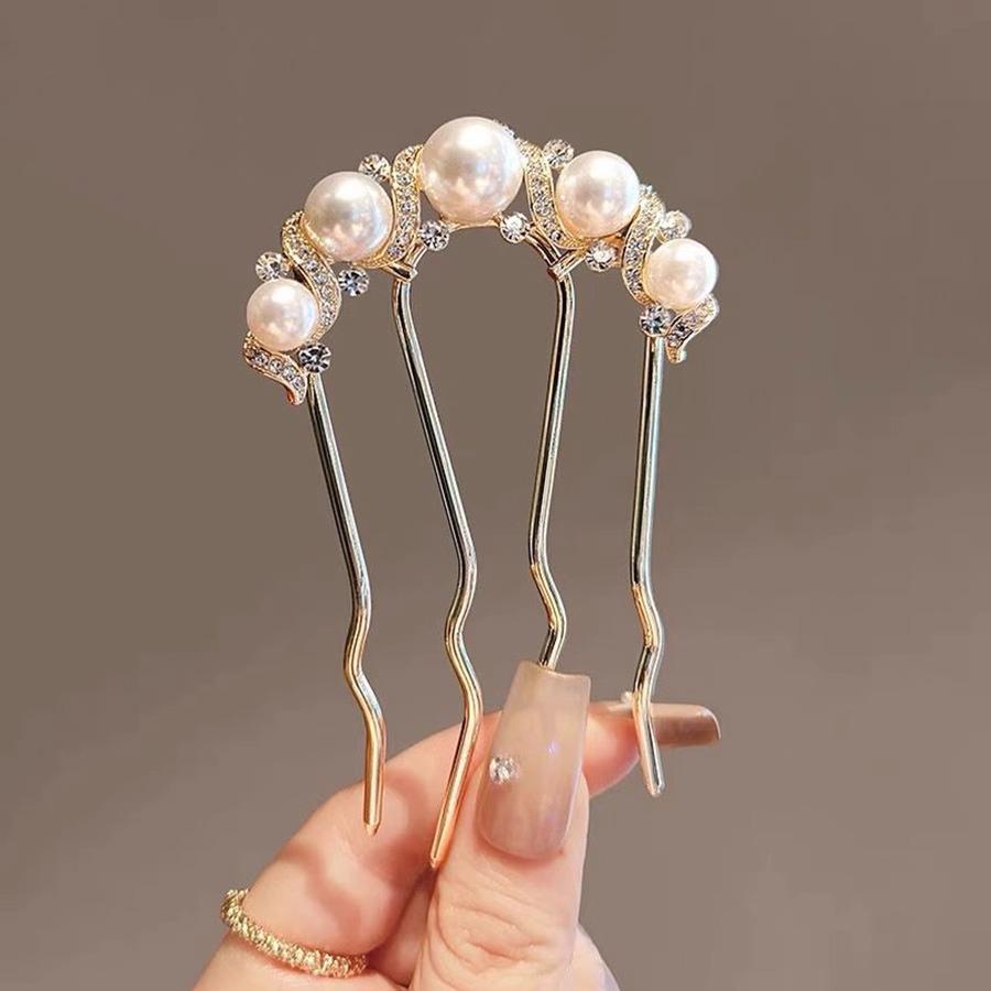 New Chinese-style bun hair hairpin, pearl four-toothed comb hairpin, U-shaped hairpin, elegant updo, hair comb pic 21