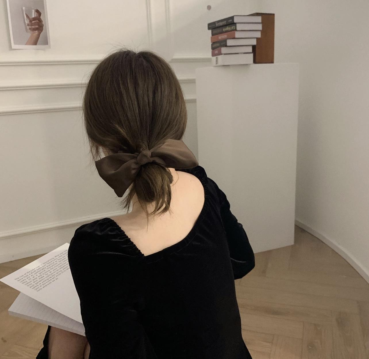 Black bow headpiece, satin large intestine ring, hair band at the back of the head, high-elasticity hair tie, ribbon hair accessory, female summer pic 15