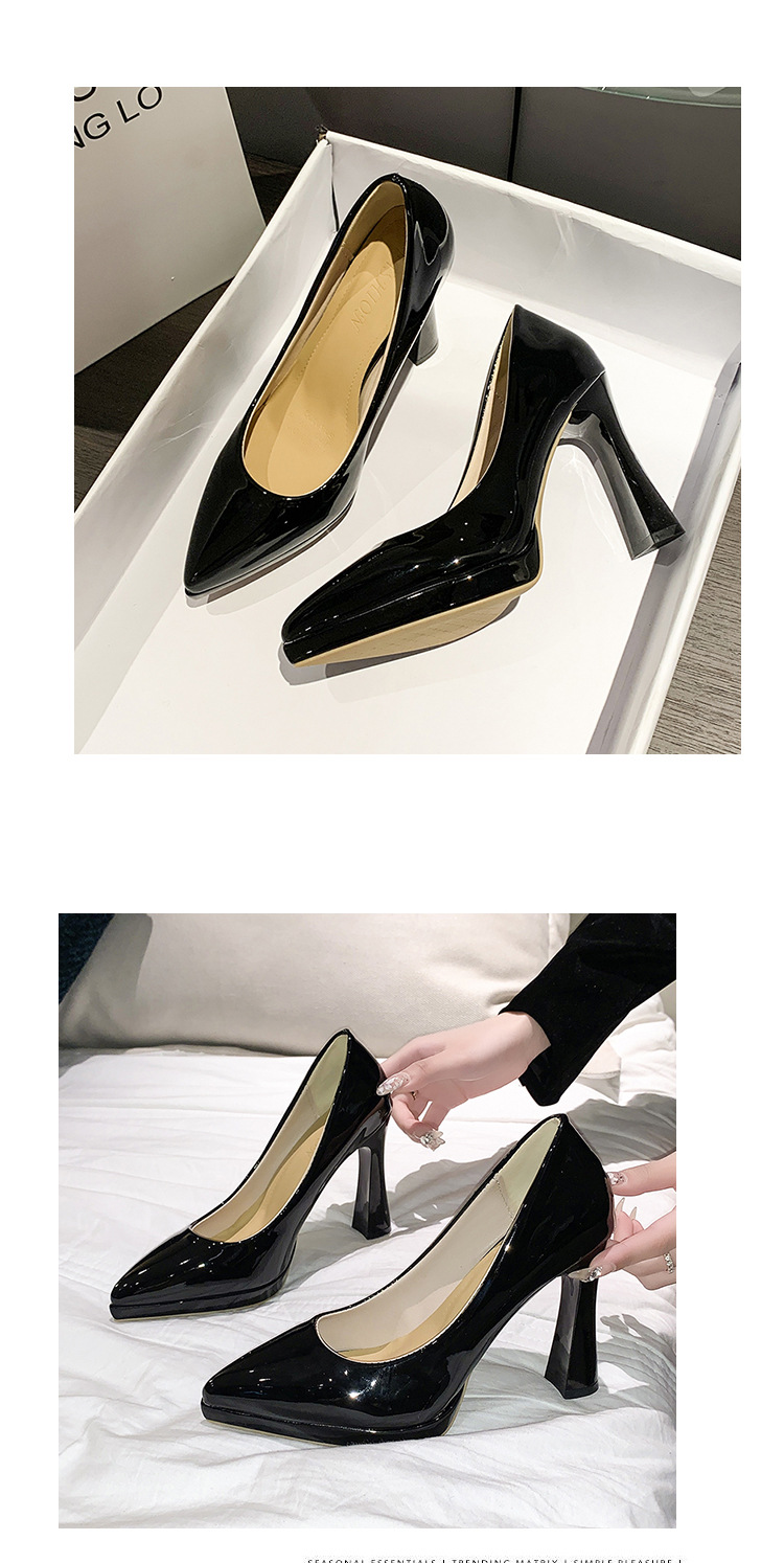 Pointed-toe nude high heels for women, 2023 new style, simple, fashionable and versatile, patent leather shallow toe square heel single shoe pic 20