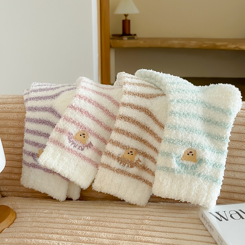 秋冬袜子女中筒睡眠袜韩版纯色珊瑚绒袜子保暖加绒休闲袜详情8