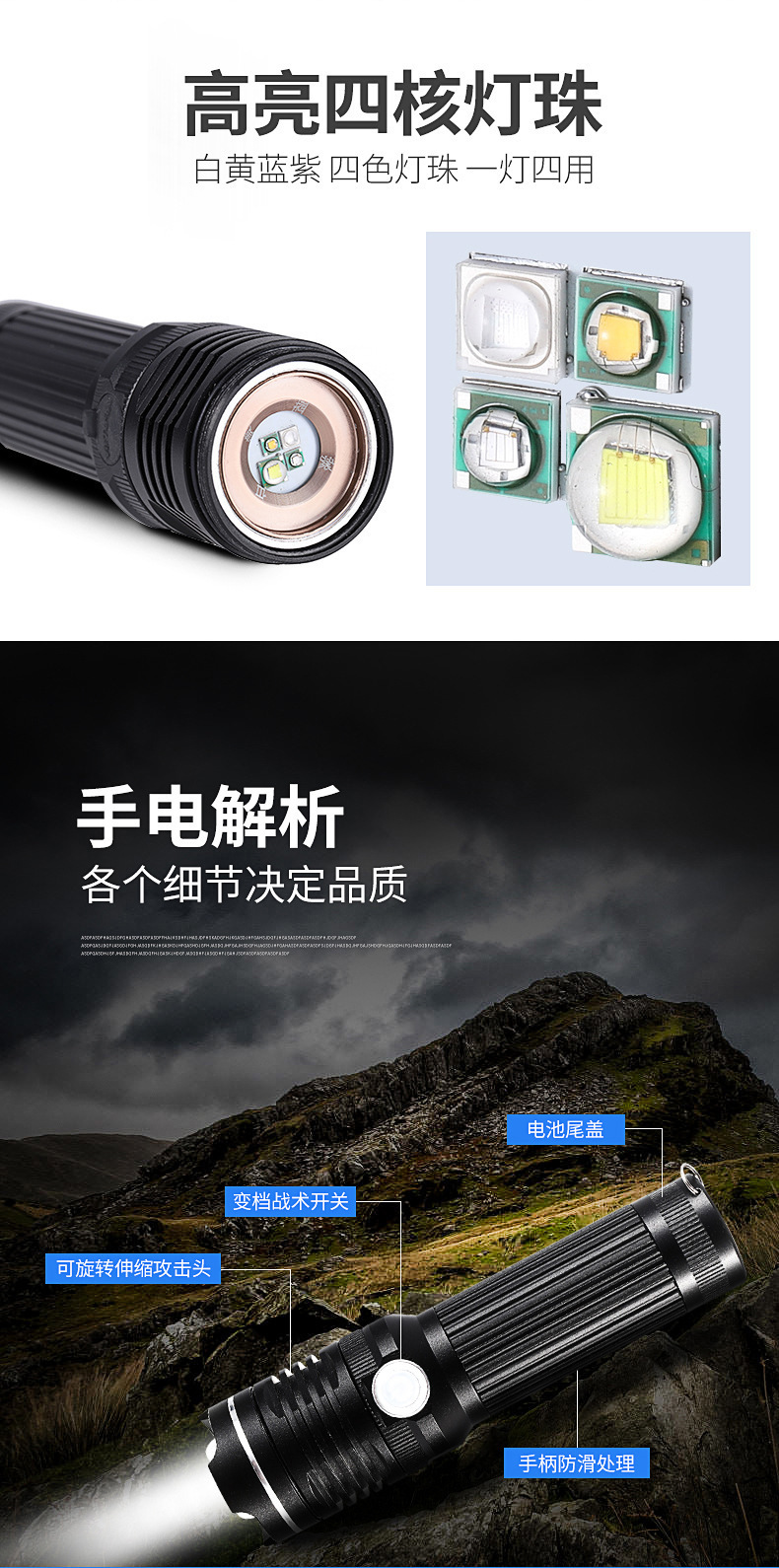 A powerful flashlight with four-color light source, USB direct charging, outdoor fishing and scorpion catching, blue and purple zoom flashlight, new cross-border model pic 4