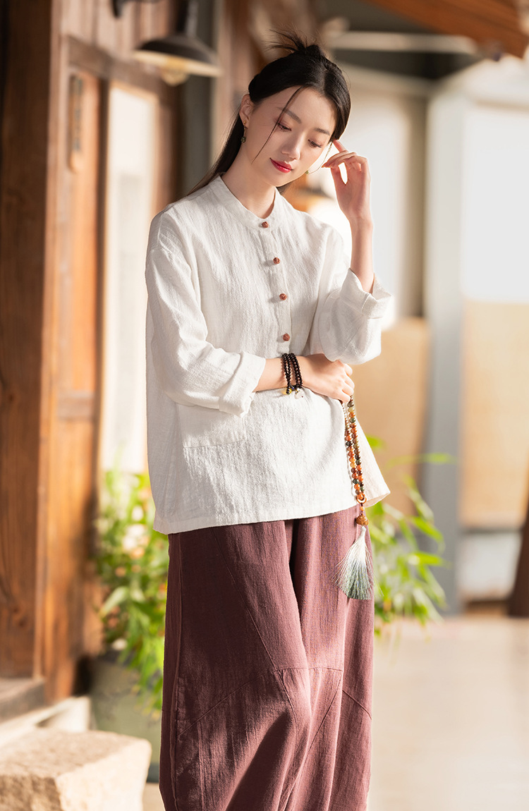 2024春夏棉麻女装新品亚麻立领拼色盘扣套头大码上衣女式棉麻衬衫详情39