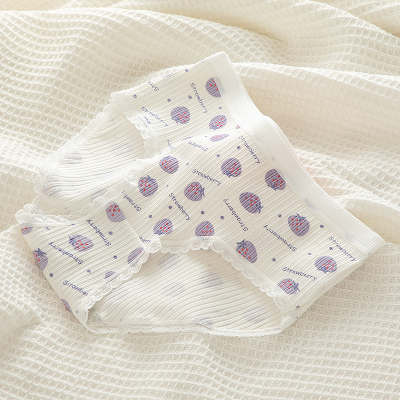 Tingweiya Japanese-style cute purple girl cartoon rabbit threaded cotton strawberry girl student mid-waist underwear for girls pic 42