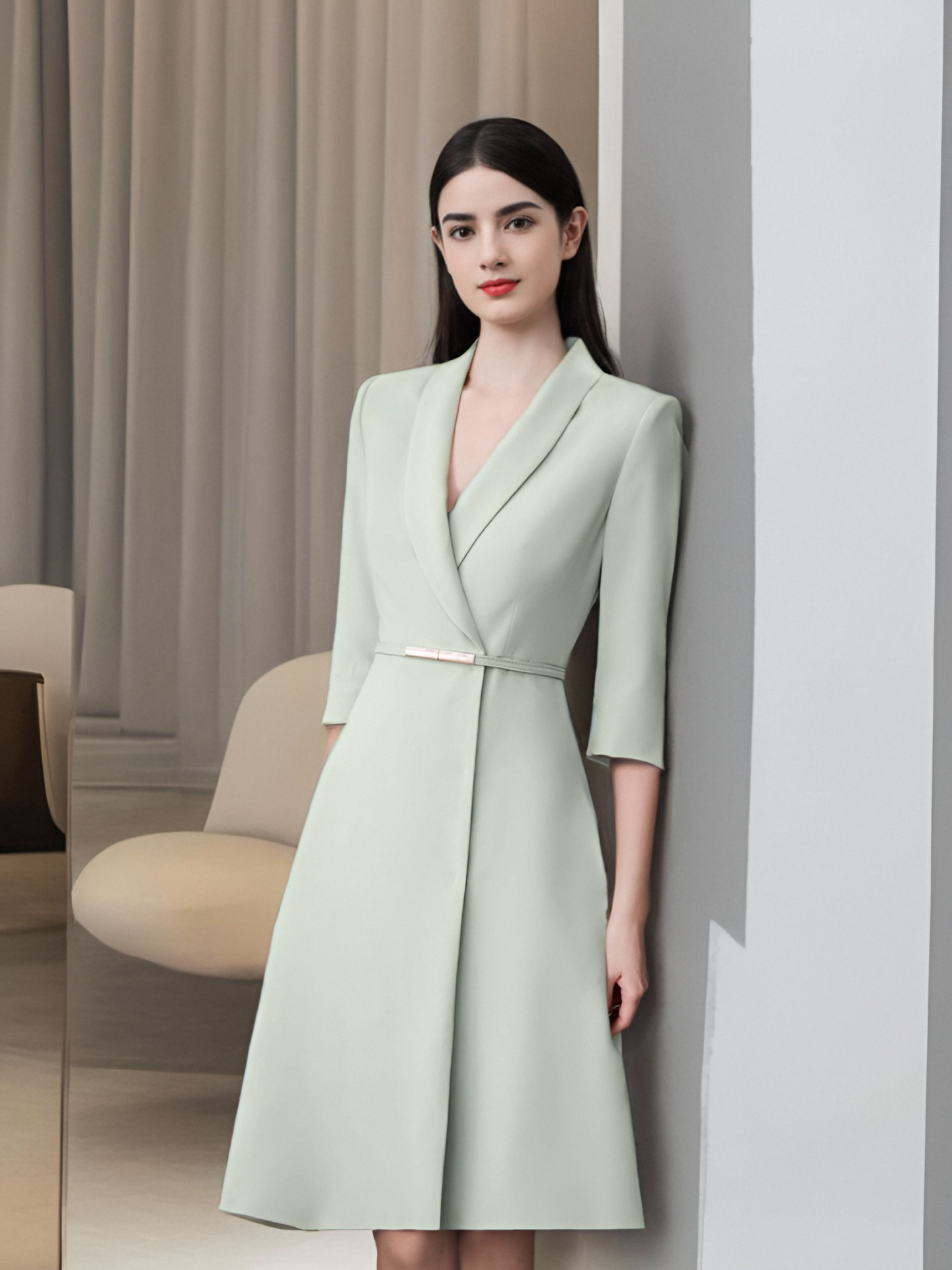 职业装春秋连衣裙女正式场合绿色西装裙气质时尚主持人中长a字裙详情11