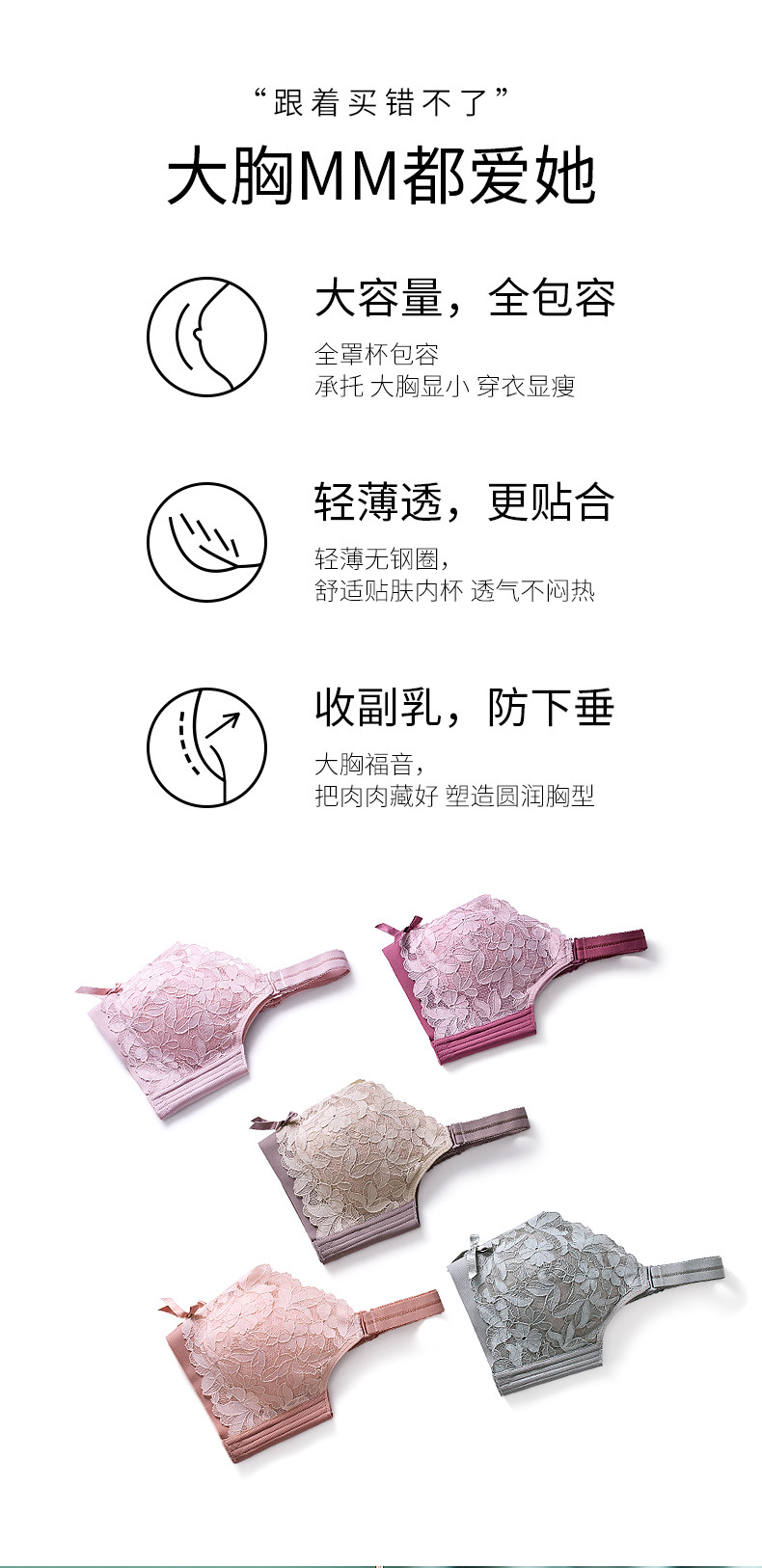 大胸显小薄款无钢圈内衣女聚拢上托性感蕾丝文胸收副乳调整型胸罩详情2
