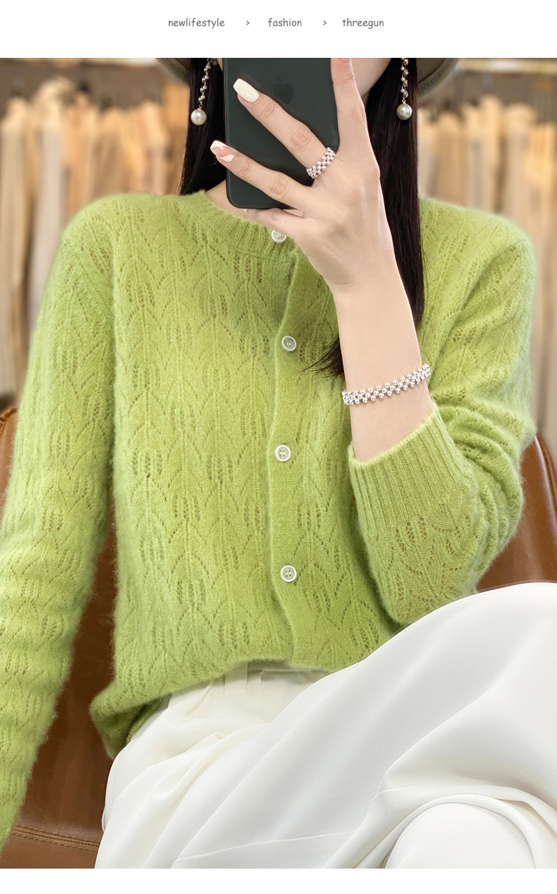 The 2023 autumn new collection features a highly anticipated hollowed-out wool cardigan jacket for women, a long-sleeved base sweater, and a thin outerwear pic 13