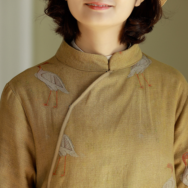 2022冬季新款棉麻印花连衣裙宽松复古加绒加厚袍子民族风旗袍裙子详情13