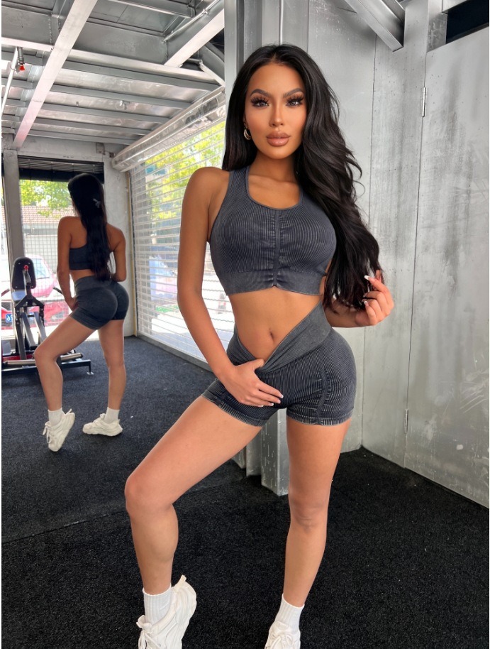 跨境显瘦运动套装女时尚修身磨砂瑜伽服文胸短裤跑步健身服定制详情7