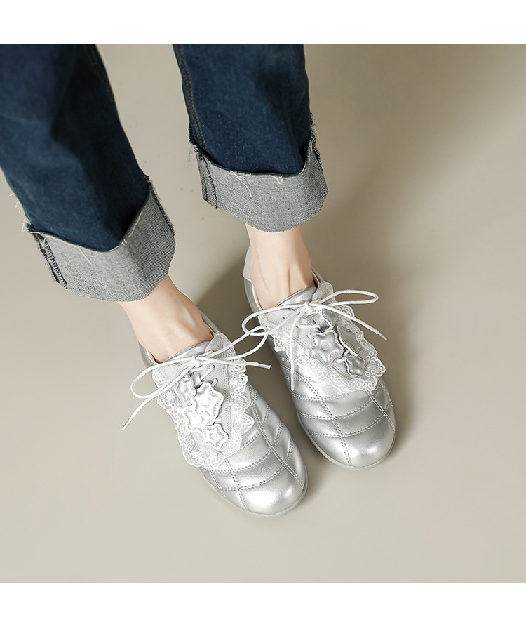 牛皮版2025春季新款银色斜带蕾丝边设计德训鞋舒适运动芭蕾舞女鞋详情6