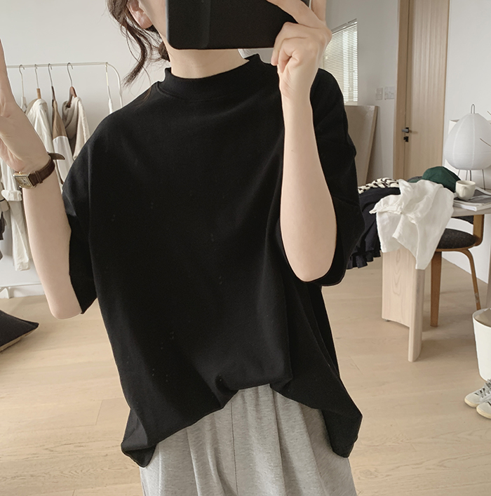 琪镌绘制半高领t恤女式春夏季新款宽松显瘦韩版简约半袖减龄棉质详情31