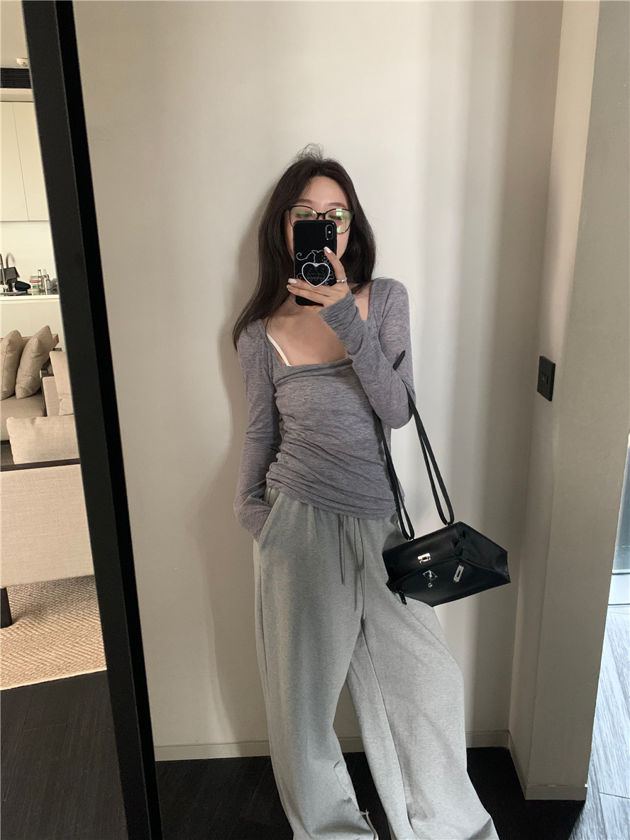 基础款纯色简约百搭舒适慵懒风薄款上衣U领打底衫内搭长袖t恤女详情1