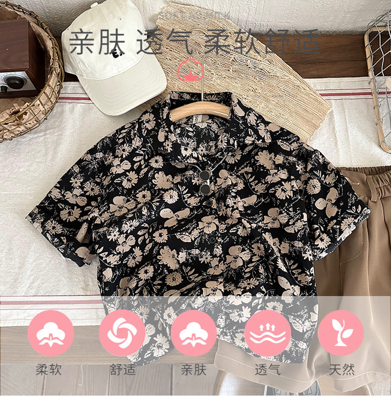 儿童衬衣男童韩版上衣夏季薄款时尚短袖翻领女童花衬衫度假港风潮详情3