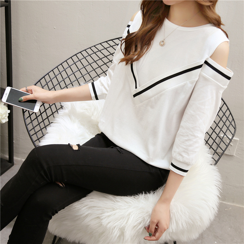 Spring and Autumn new versatile T-shirt for women, 7-inch sleeved off-the-shoulder long-sleeved sexy half-sleeved top pic 5