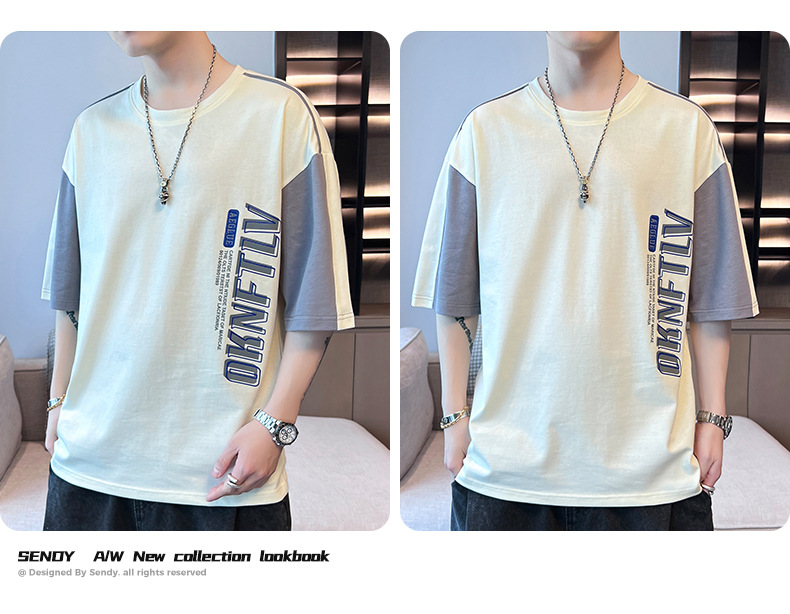 2024 New summer men's trendy loose wear, a student short-sleeved T-shirt set, five-quarter and half-sleeve T-shirt top pic 18