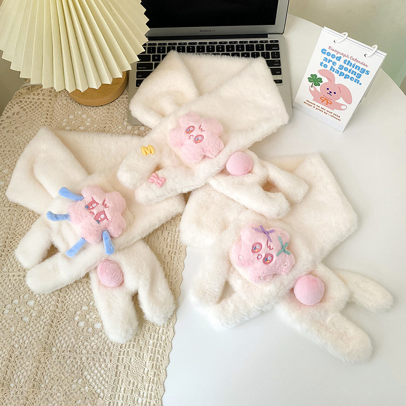 可爱卡通星星手套少女心加厚毛茸茸冬季加绒保暖连指骑车开车围巾详情8