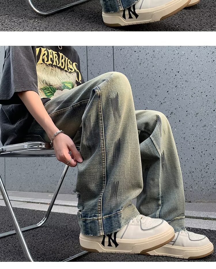 2024复古休闲做旧牛仔裤学生时尚百搭款垂感宽松阔腿拖地牛仔裤男详情17