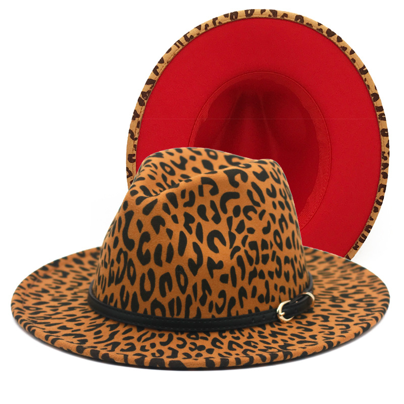 Leopard print color-blocked top hat, wide-brimmed jazz hat, black belt, woolen felt hat, leopard print bright red top hat pic 8