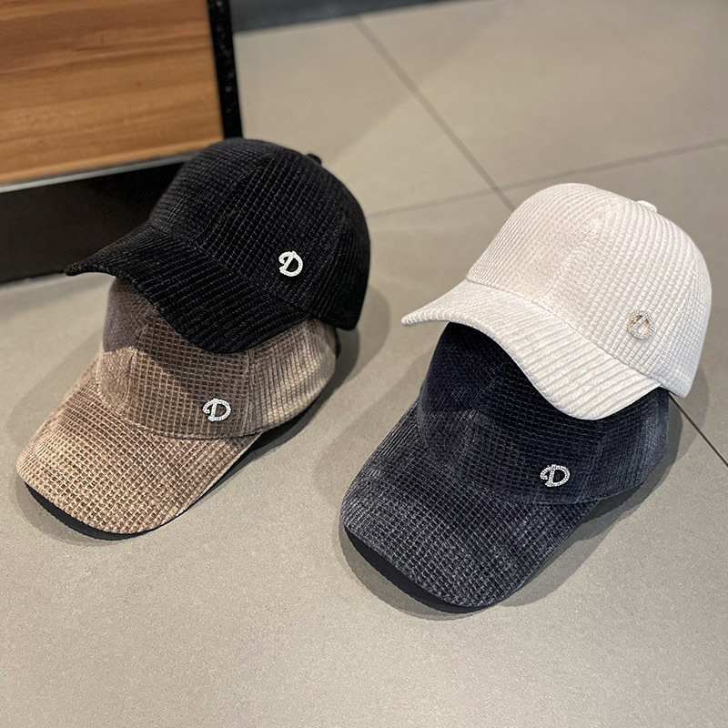 帽子女镶钻D字母灯芯绒鸭舌帽秋冬季韩版时尚百搭弯檐青年棒球帽详情7