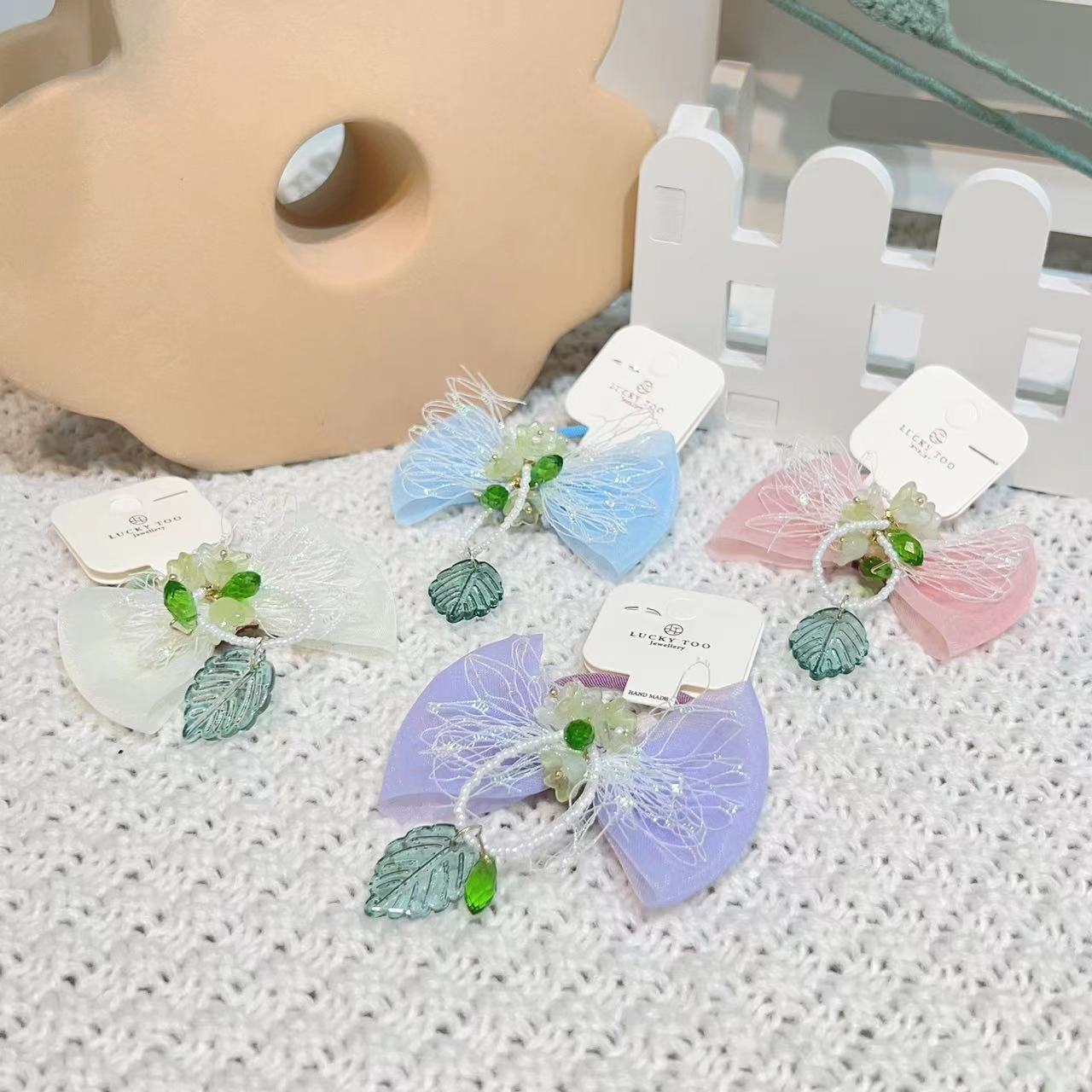 发绳LT10363韩系新款莎莎领结铃兰花串珠绿叶吊坠发饰发绳详情1