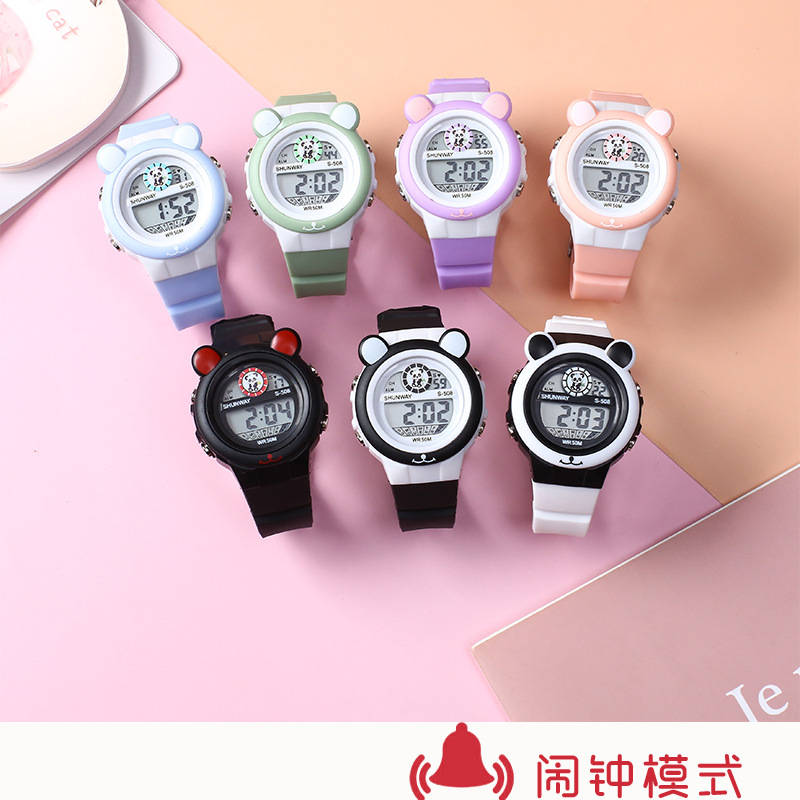 新款现货熊猫卡通儿童电子手表学生党防水夜光多功能闹钟电子表详情8