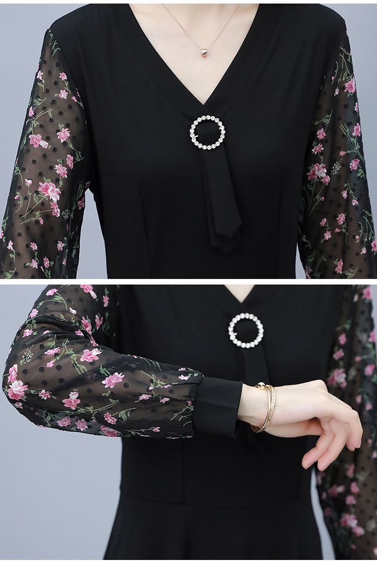 Chiffon dress for women 2022 Spring and Autumn New Style, a mid-length Korean-style waist-cinching and slimming dress with floral patchwork pic 15