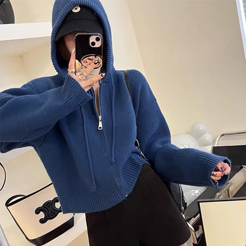 韩系设计感拉链连帽针织开衫女春秋新款宽松休闲短款慵懒毛衣外套详情32