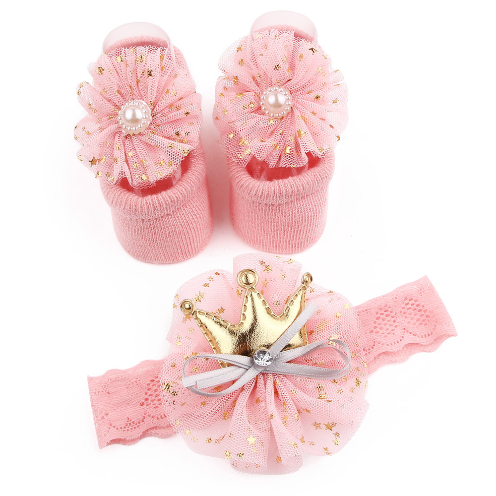 New solid color lace European and American baby socks Bow princess cute baby socks hair band set 2619 pic 5