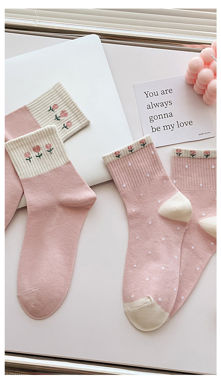 袜子地摊一件代发中筒袜女士秋冬 可爱小花刺绣女袜 百搭甜美袜子双针精梳棉棉袜女一件代发详情8