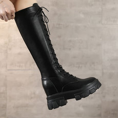 皮面长筒靴女2021秋冬新款厚底马丁靴女休闲女式皮靴子内增高女鞋详情9