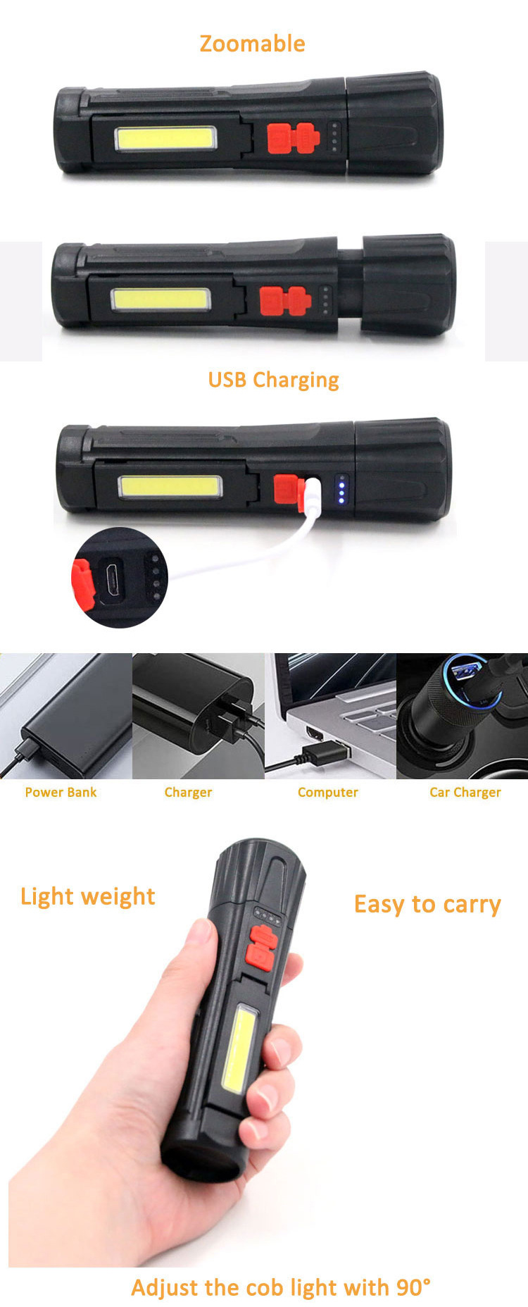久根电筒新款强光多功能手电筒LED应急手电USB充电带侧灯变焦塑料手电筒详情2