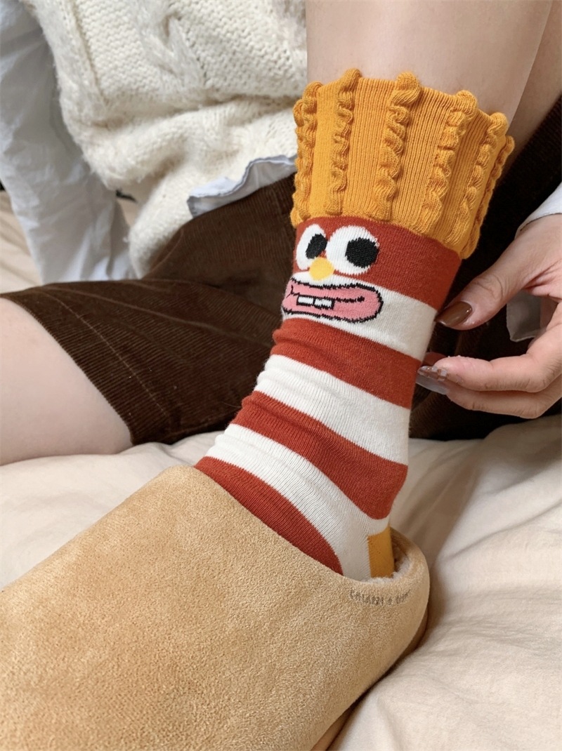 韩国东大门汉堡薯条中筒袜子女搞怪可爱条纹卡通涂鸦袜纯棉堆堆袜详情6
