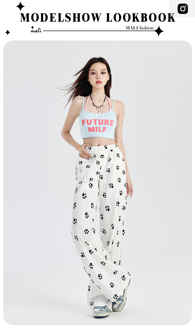 狗狗爪印花宽松阔腿山本裤女2024秋季新款松紧高腰垂感直筒休闲裤详情2