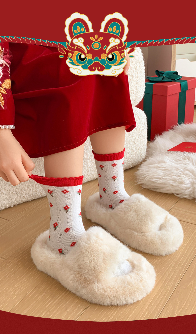 新年秋冬儿童大红袜子女平安熊红色喜庆中大童男女儿童中筒袜批发详情20