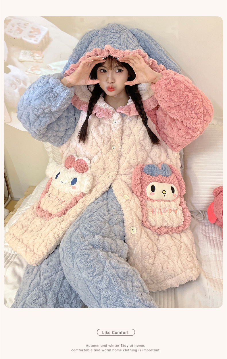 睡衣女士冬季三层加厚超厚夹棉珊瑚绒加绒法兰绒家居服秋冬款冬天详情6