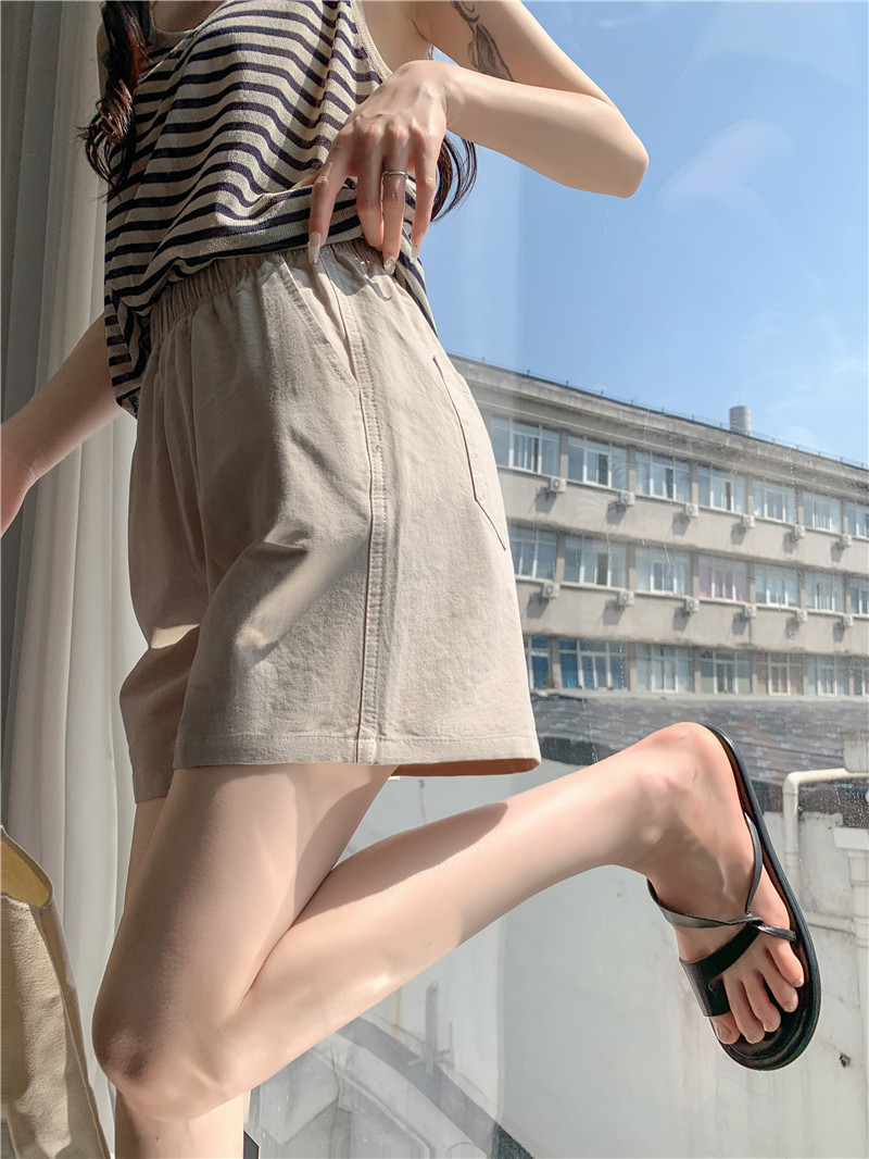 松紧高腰阔腿裤春夏日系百搭宽松显瘦休闲卡其色水洗棉短裤女夏季详情29