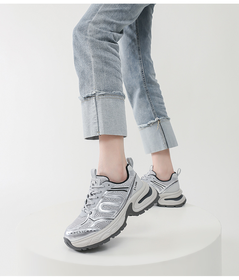 银色老爹鞋女百搭防滑2024夏季运动鞋子女红色透气轻便增高跑步鞋详情24