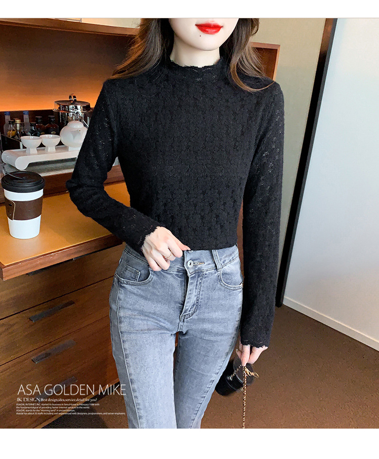 A stylish and youthful 2023 autumn collection, paired with a semi-high-neck top, long-sleeved small stand-up collar, and a youthful lace base layer for women pic 16
