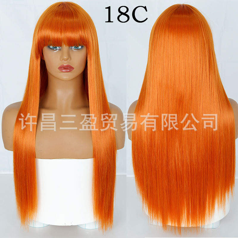 Wholesale of European and American cross-border wigs with straight bangs and long, straight hair made of high-temperature synthetic fiber pic 11