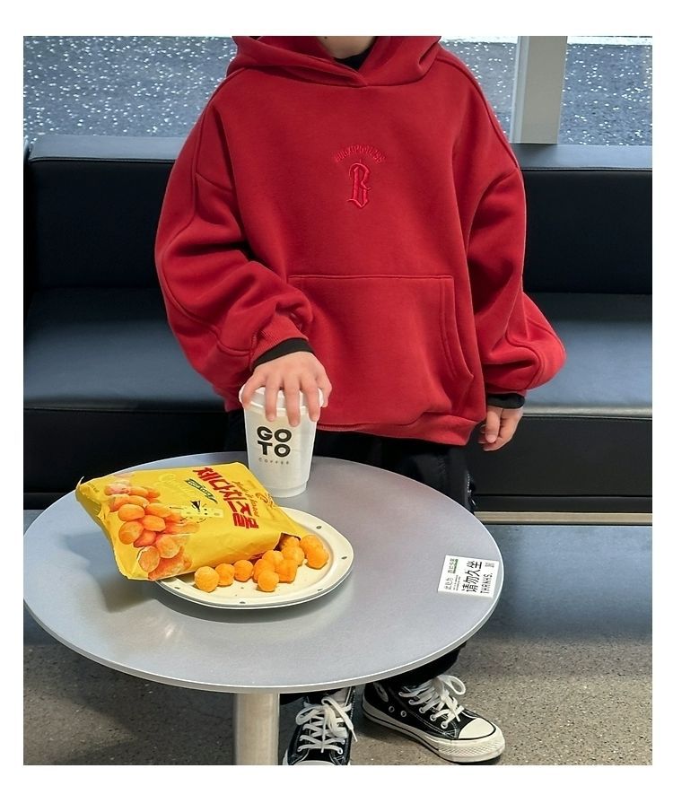 儿童字母刺绣加绒加厚新年红色连帽套头卫衣冬韩版男女童宽松上衣详情17