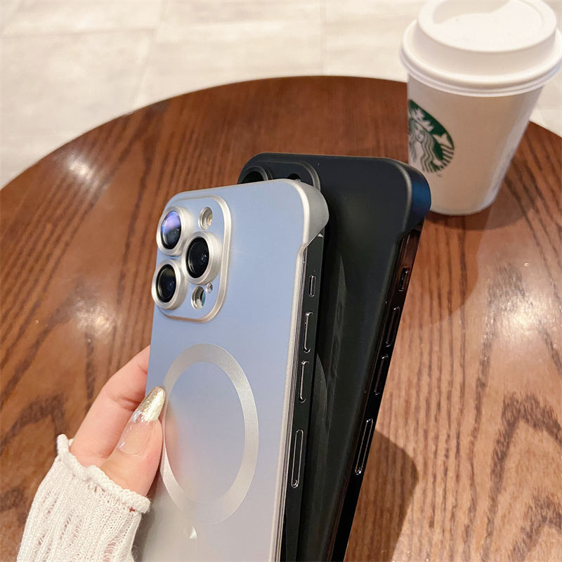 适用苹果15Promax无边框磁吸手机壳金属漆iPhone13镜头膜全包硬壳详情7