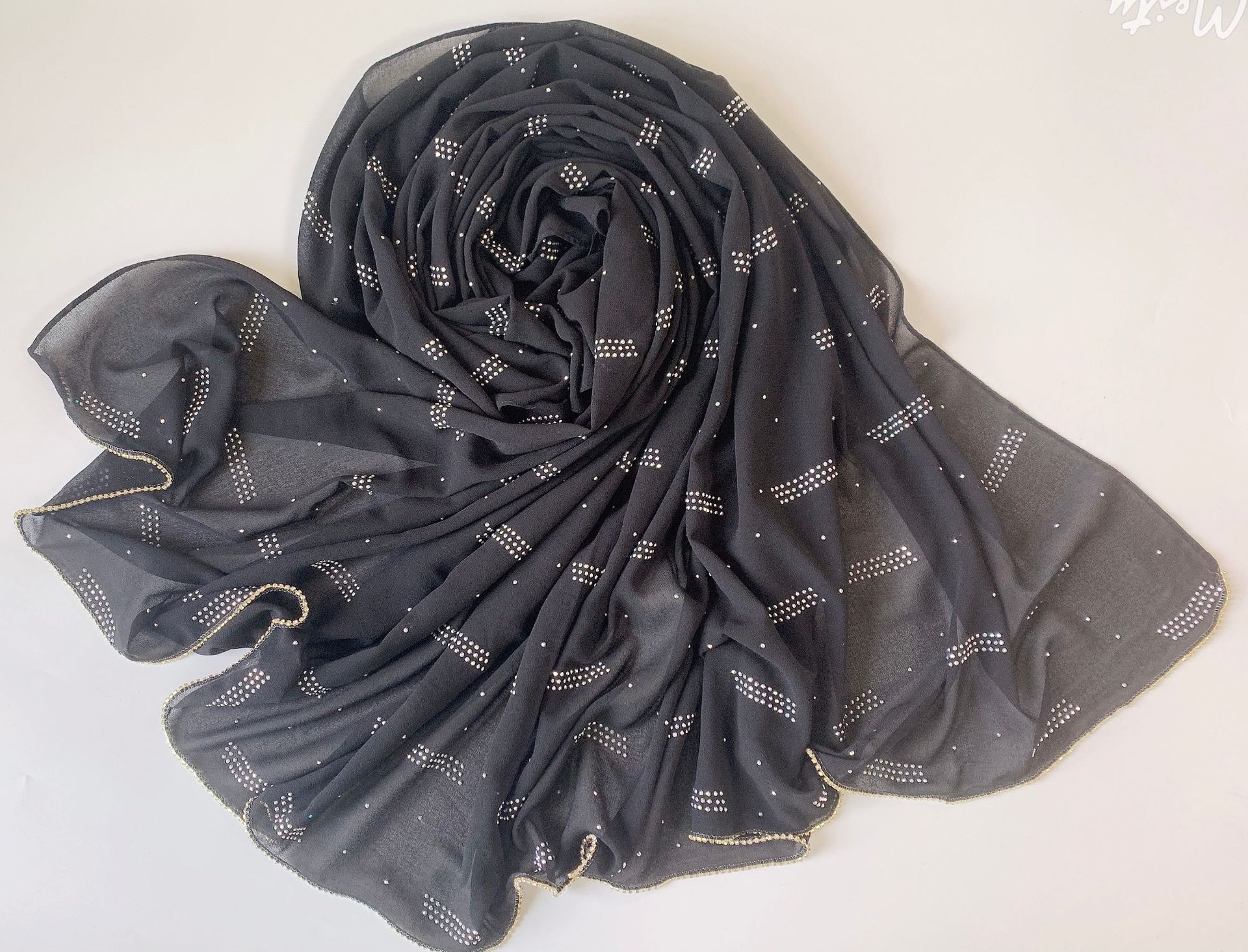 花边烫钻纯色雪纺盖头纱巾珍珠穆斯林女长巾新款详情6
