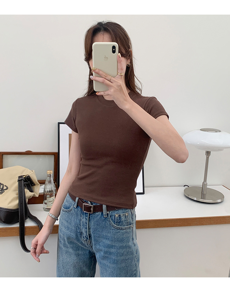 European and American style ribbed off-the-shoulder T-shirt for women, new summer style, slimming and figure-hugging, round-neck, layering short base layer pic 18