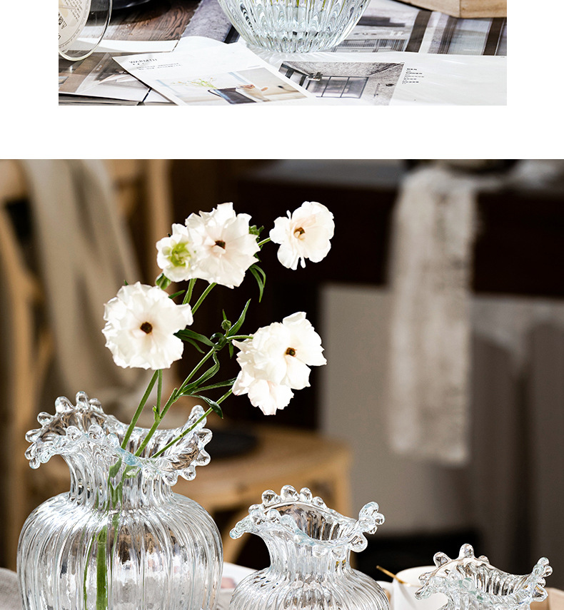 Xiaohongshu internet-famous curling edge wavy flower mouth glass vase decoration, Nordic simple and creative flower arrangement, Ins-style home decoration pic 9