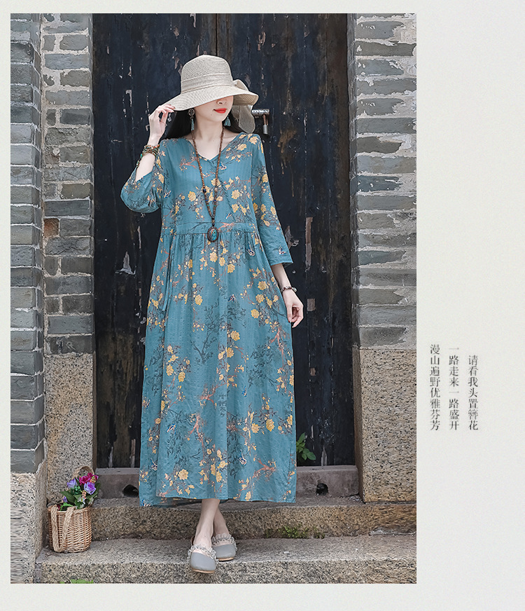 2024夏季新款中年妈妈复古文艺印花棉麻收腰连衣裙宽松大摆长裙女详情22