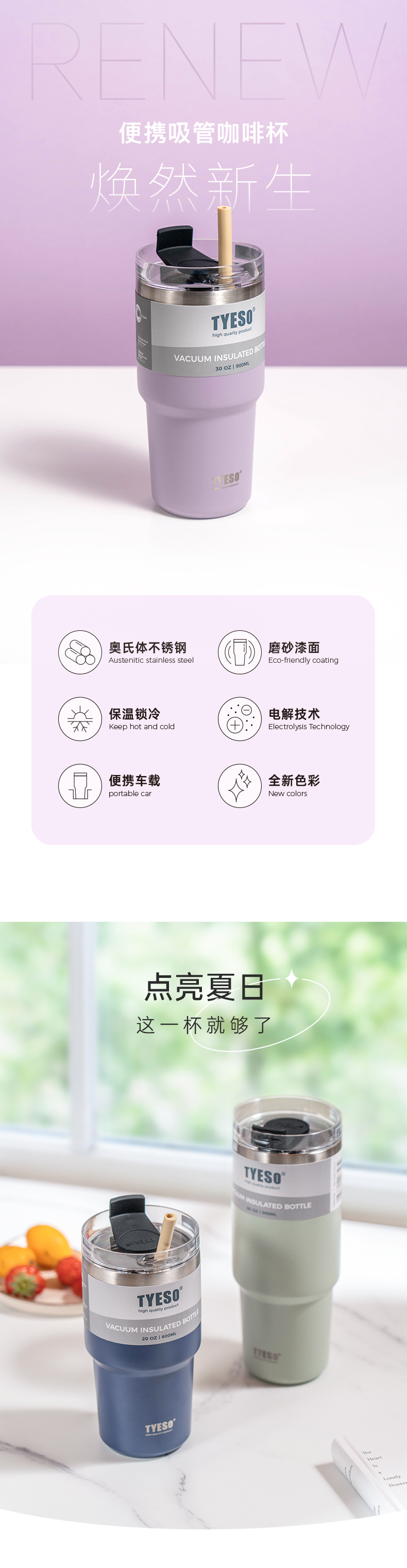 Foreign trade cross-border Amazon large-capacity coffee cup, 304 stainless steel car insulated cup with straw ice cup pic 2