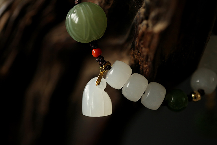 Pure gold Handcrafted series 999 pure gold small goldfish hand-woven natural old material Hetian jade lotus bead bracelet pic 8