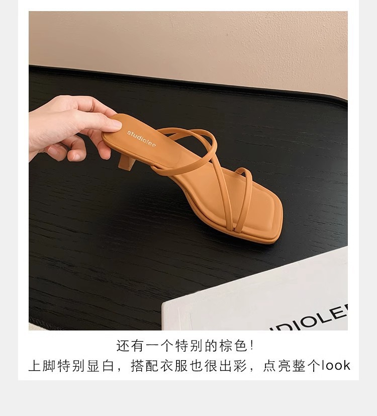 羊皮版法式细带方头显瘦高跟凉拖鞋女夏新款仙女风露趾罗马凉鞋女详情7